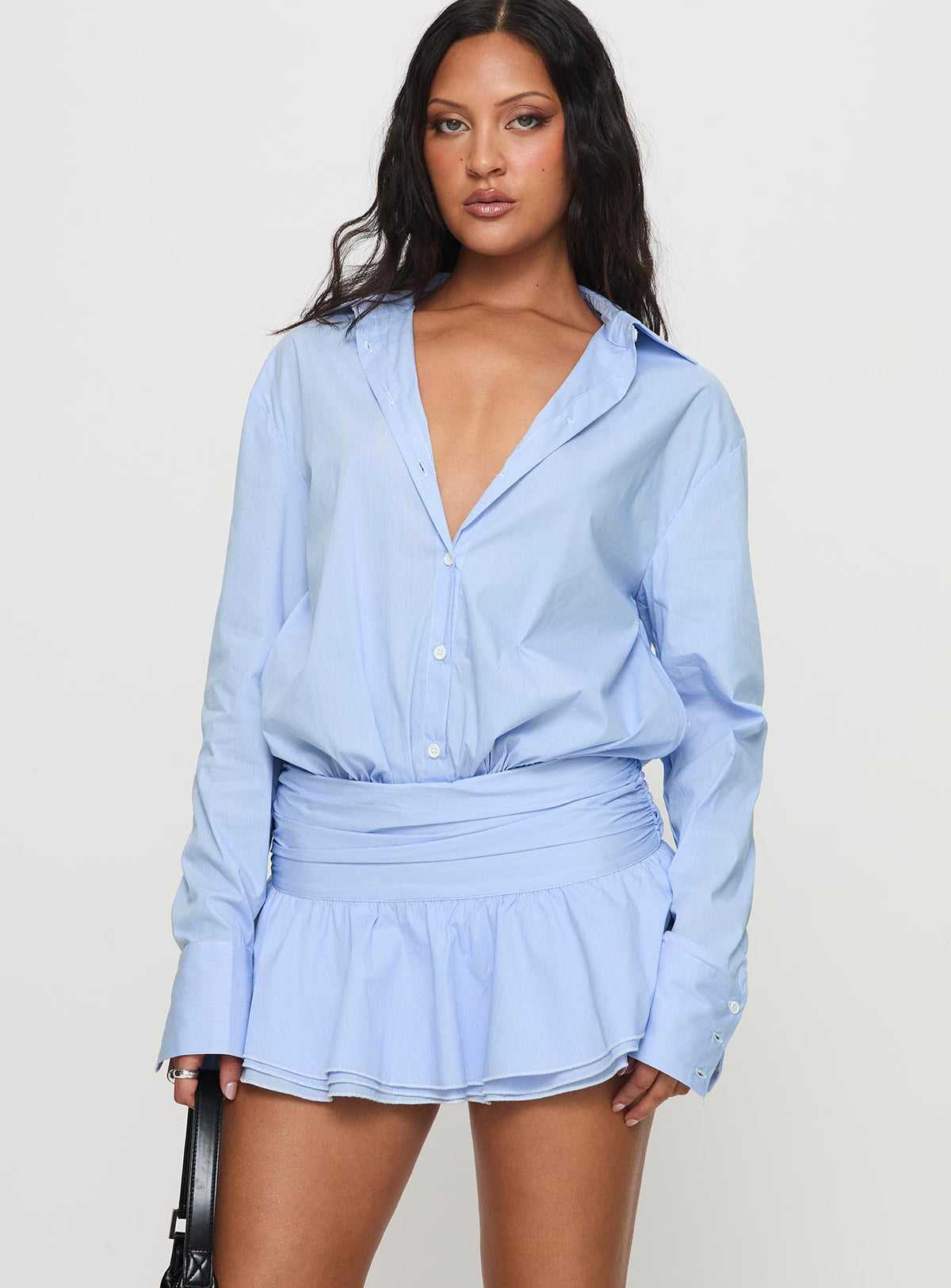 front view of model wearing Princess Polly Girls Girls Girls Mini Dress Blue V-Neck 