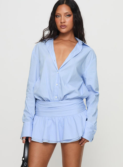 front view of model wearing Princess Polly Girls Girls Girls Mini Dress Blue V-Neck 