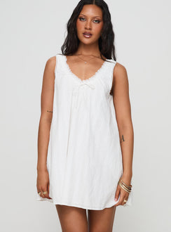 front view of model wearing Princess Polly Antiquity Swing Mini Dress White V-Neck 
