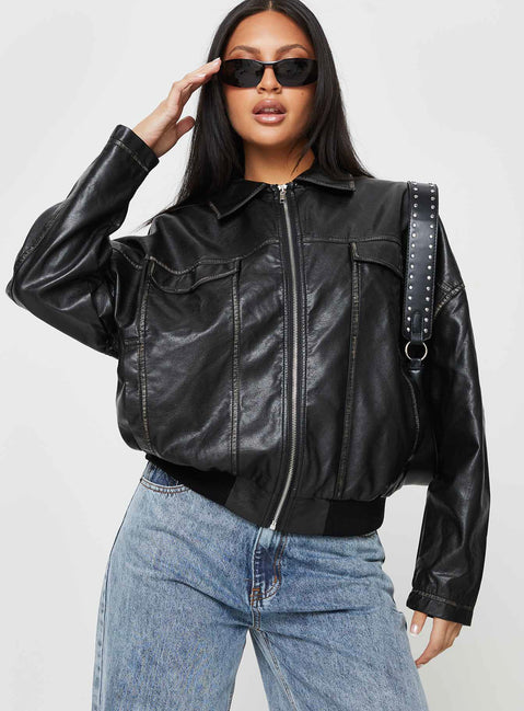 Washed PU jacket Classic collar, silver-toned hardware, zip fastening at front, twin chest pockets, elasticated waistband