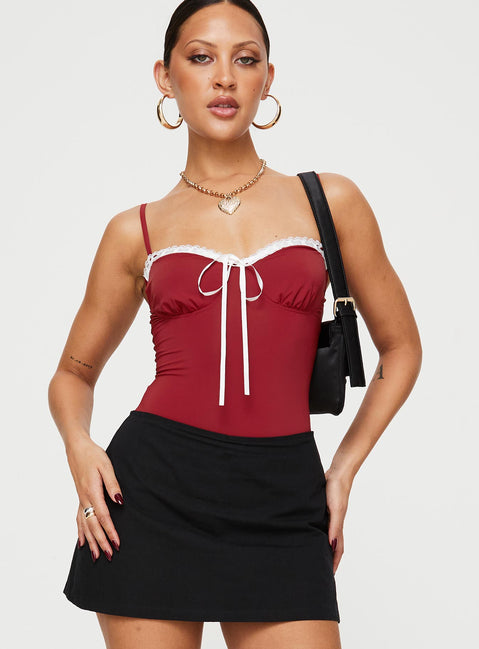 front view of model wearing Princess Polly Damsel Bodysuit Burgundy Sleeveless Sweetheart 