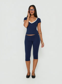 Showcasing Rowanna Sporty Capri Pants Navy / Cream womens-regular-pants with high-rise on-body view of model wearing