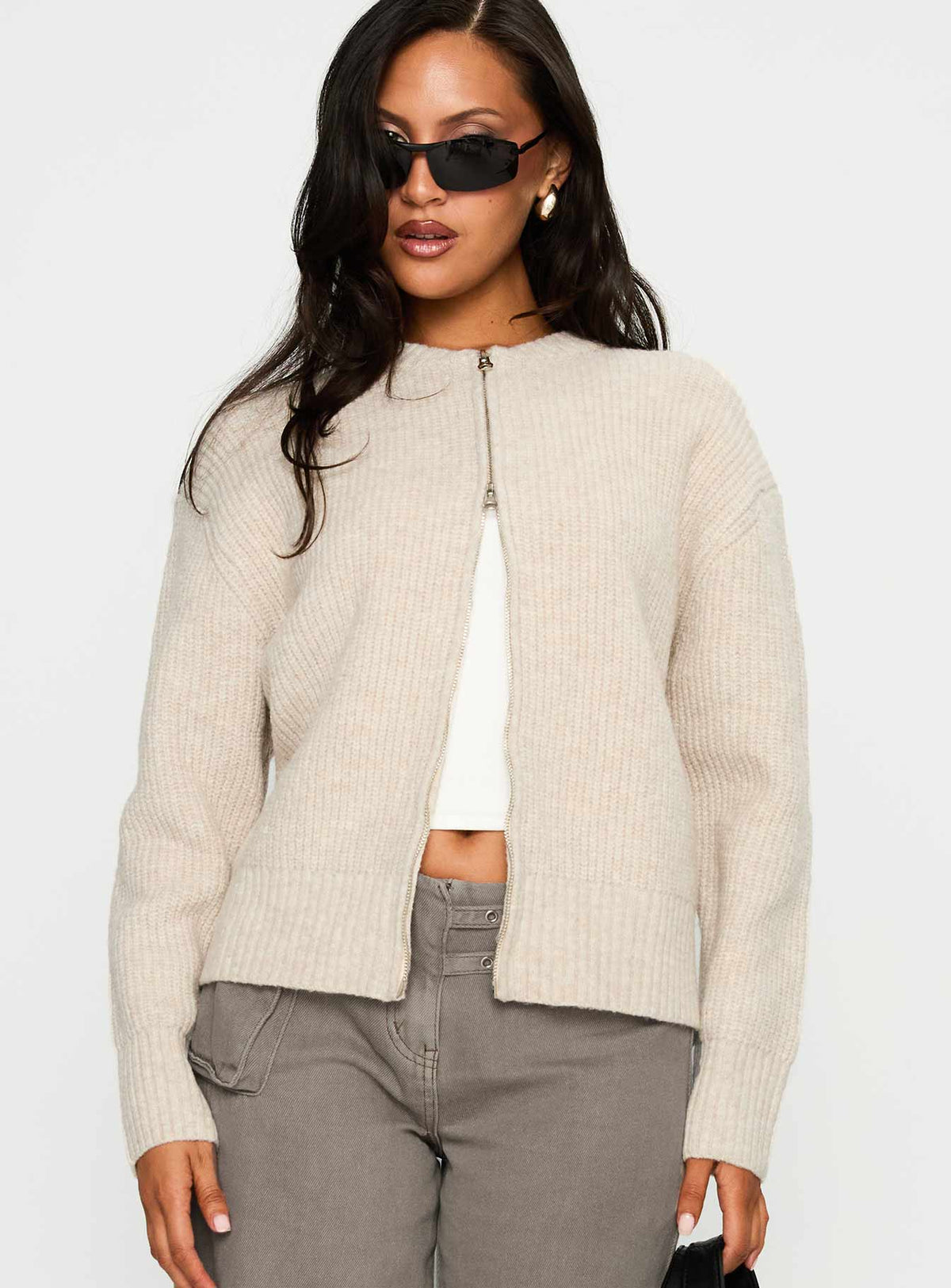 front view of model wearing Princess Polly Lexene Zip Through Jumper Oat Cropped Jumpers 