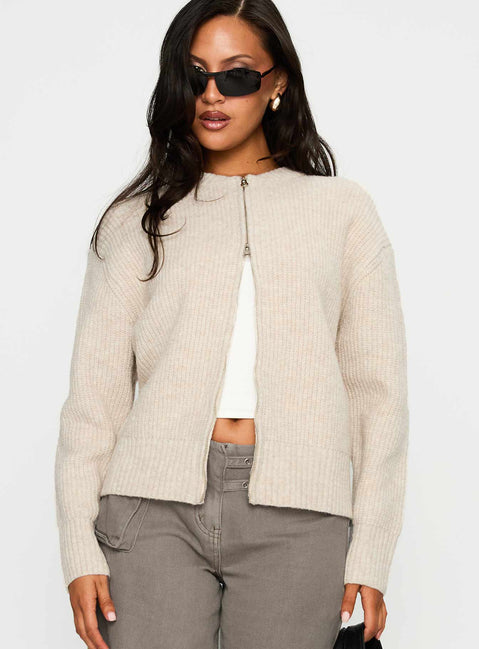 front view of model wearing Princess Polly Lexene Zip Through Jumper Oat Cropped Jumpers 