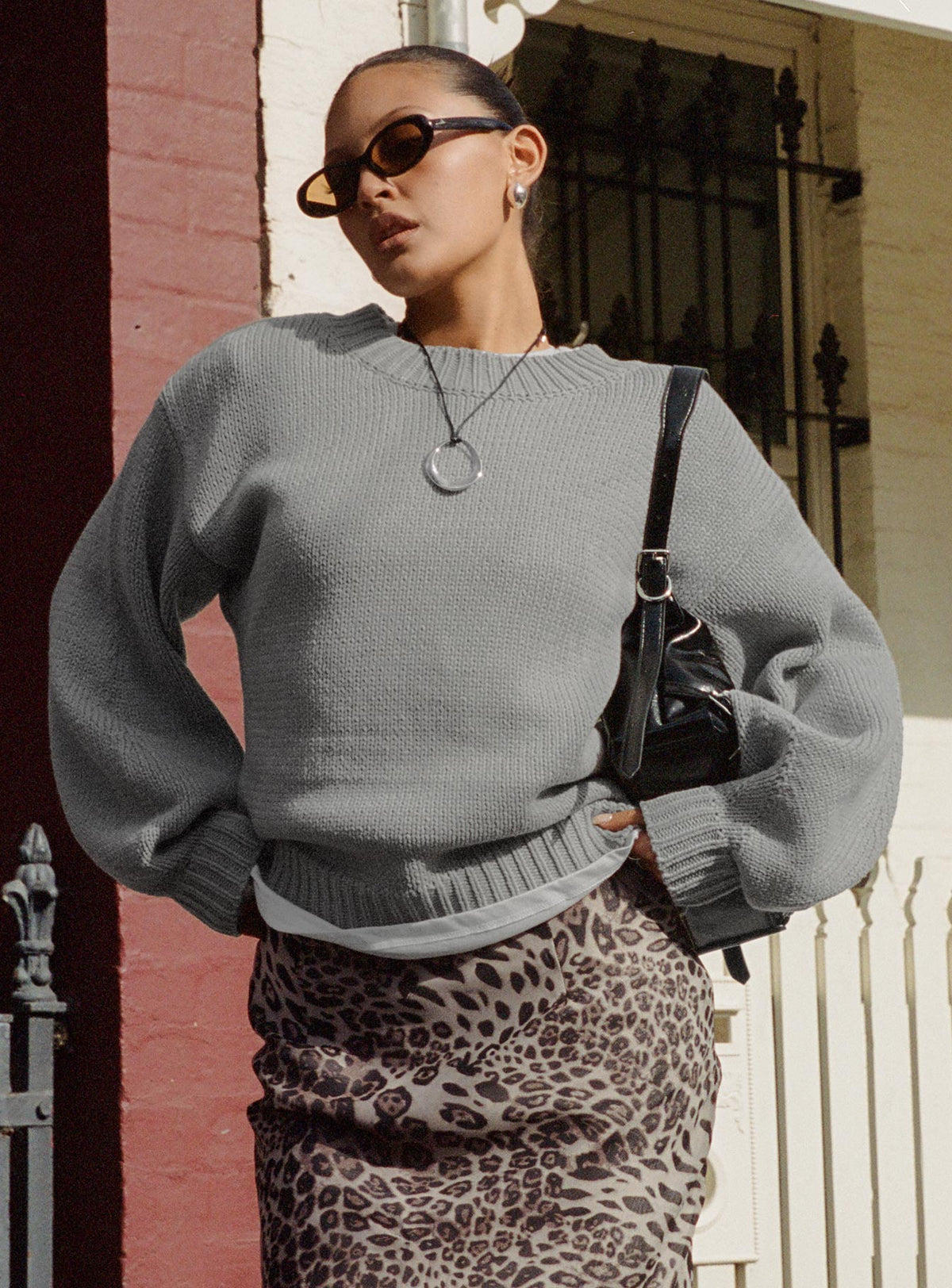 back view of model wearing Princess Polly Harmony Balloon Sleeve Knit Sweater Grey Long 