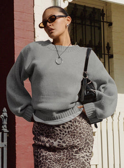 back view of model wearing Princess Polly Harmony Balloon Sleeve Knit Sweater Grey Long 