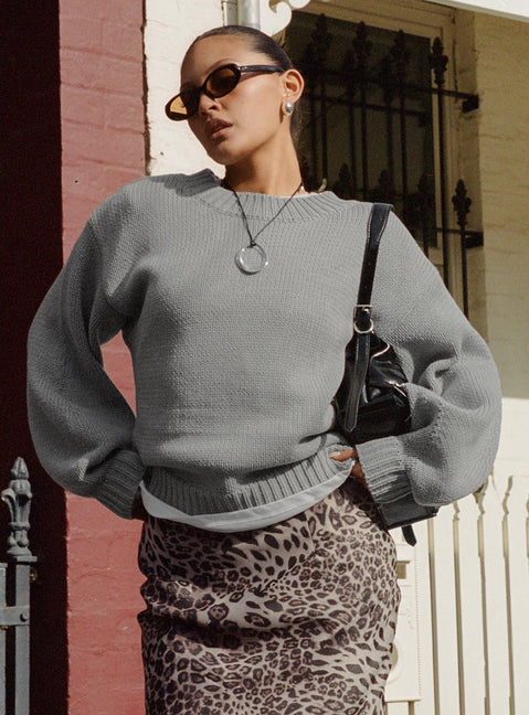 back view of model wearing Princess Polly Harmony Balloon Sleeve Knit Sweater Grey Long 