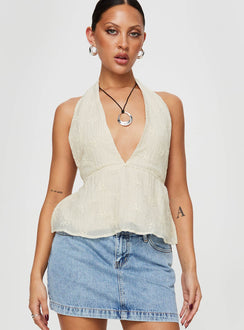 front view of model wearing Princess Polly Sosna Top Beige Sleeveless Plunger 