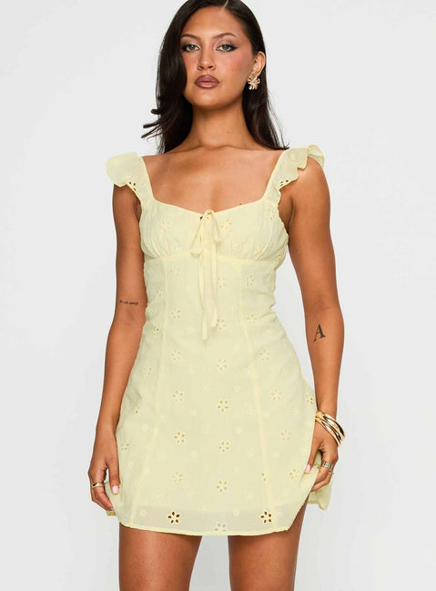 side view of model wearing Princess Polly Sunbather Mini Dress Yellow Sweetheart Neckline 