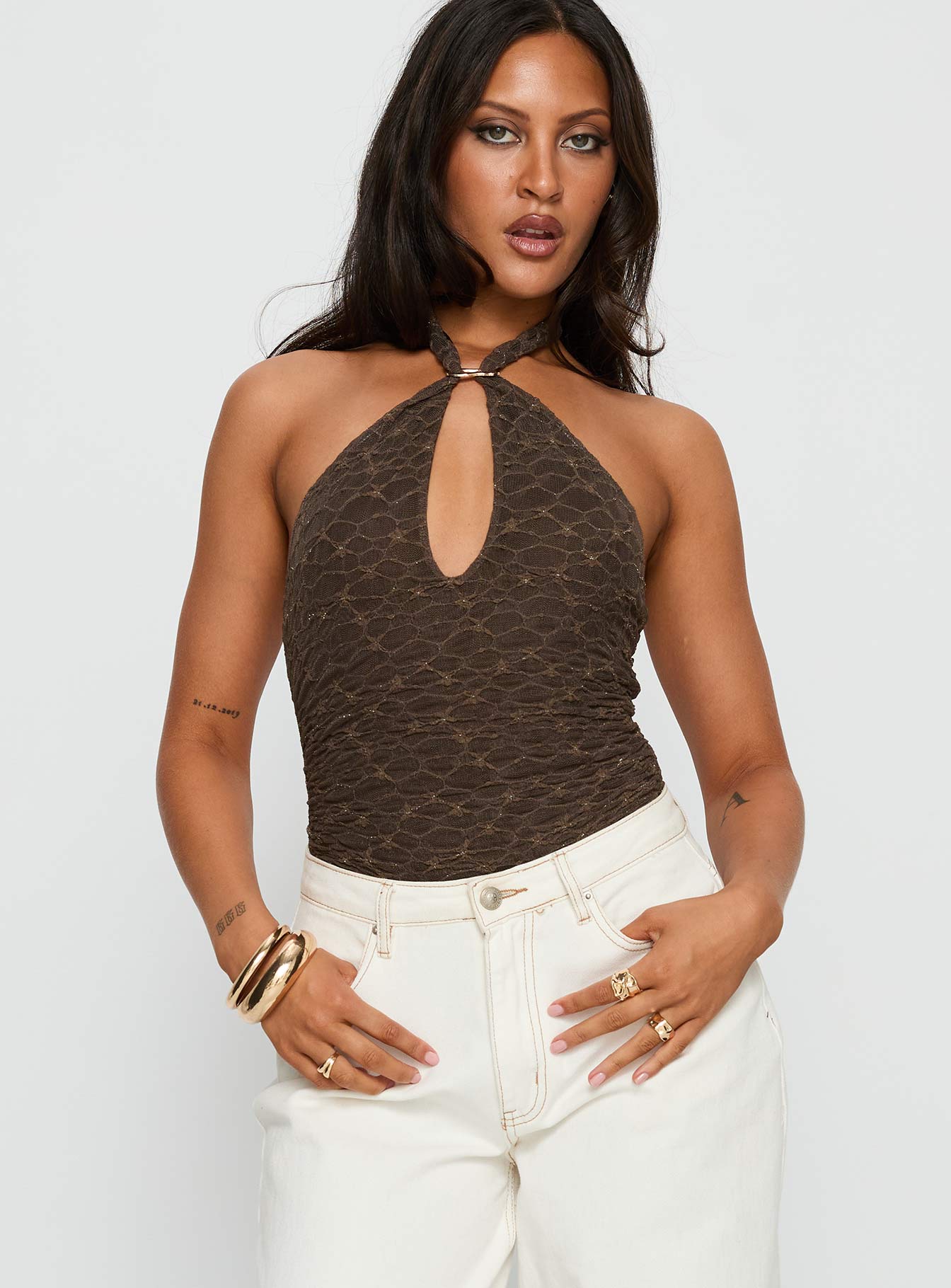 front view of model wearing Princess Polly Libbey Hardware Detail Textured Bodysuit Brown Sleeveless 