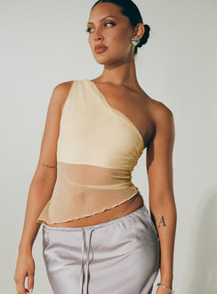 front view of model wearing Princess Polly Gilda Asymmetric Top Cream Sleeveless Asymmetric Neckline 