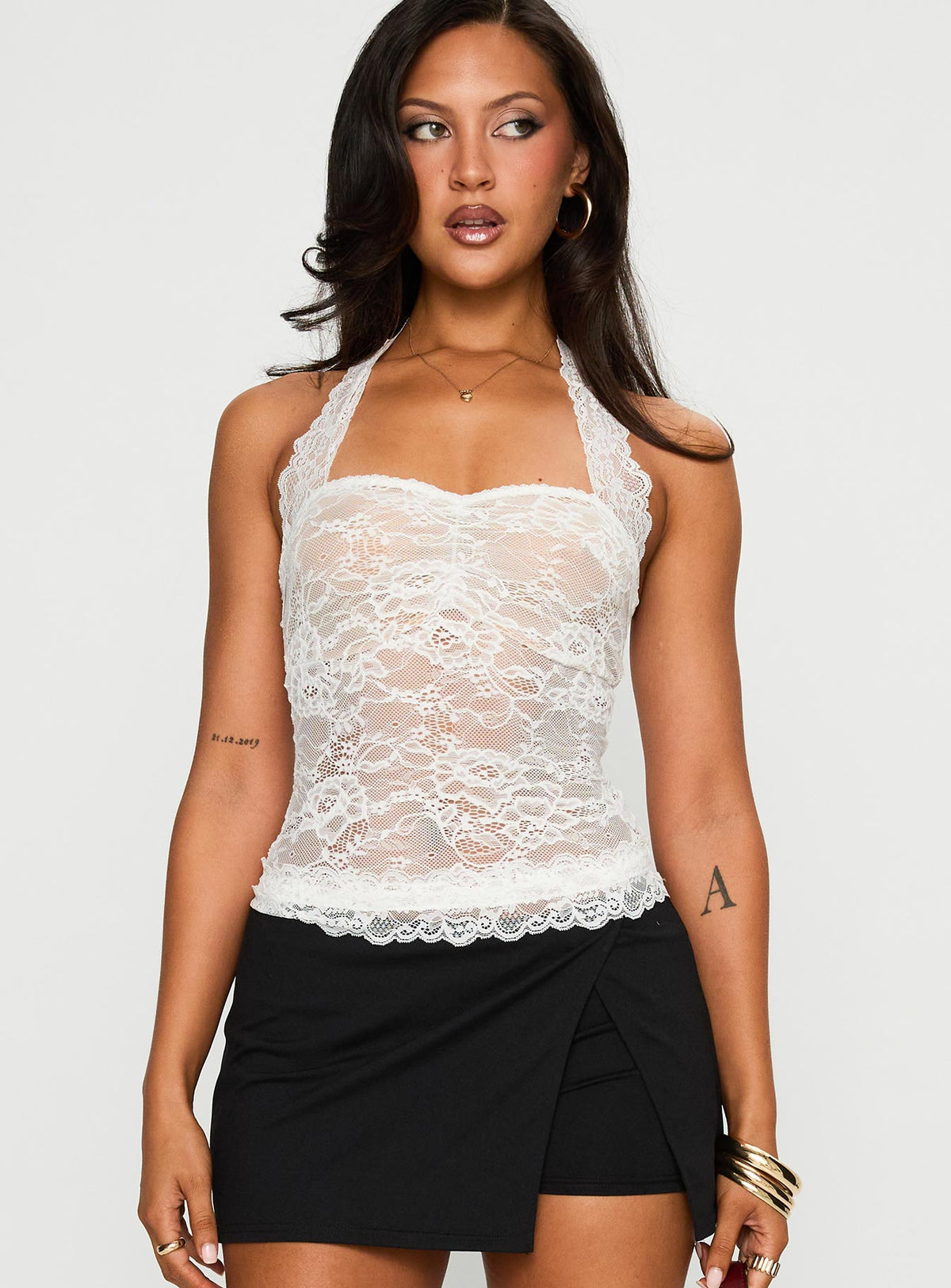 front view of model wearing Princess Polly Fantasize Lace Halter Top White Sleeveless Sweetheart 