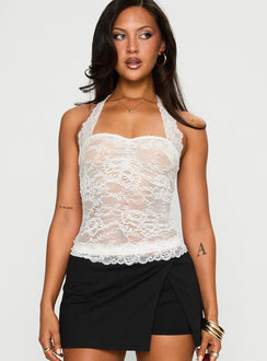front view of model wearing Princess Polly Fantasize Lace Halter Top White Sleeveless Sweetheart 