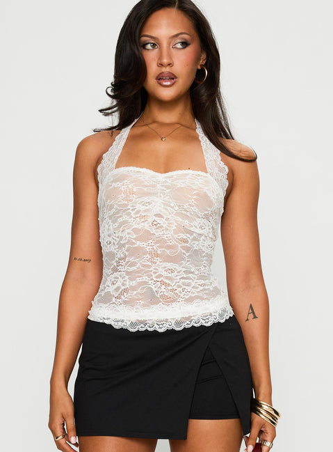front view of model wearing Princess Polly Fantasize Lace Halter Top White Sleeveless Sweetheart 