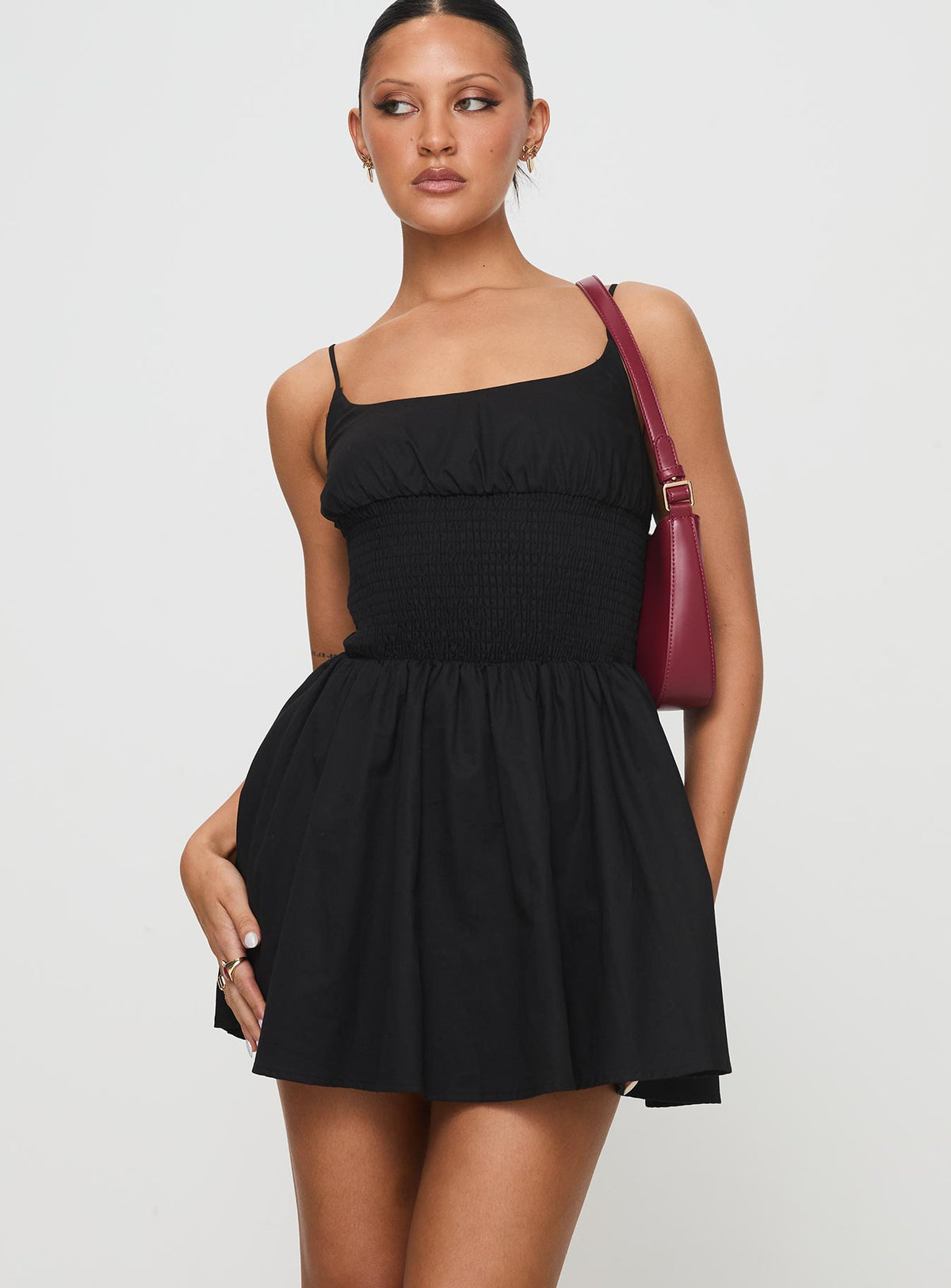 back view of model wearing Princess Polly Matisse Mini Dress Black Tall Square Neck 