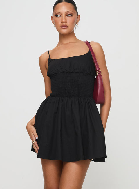 back view of model wearing Princess Polly Matisse Mini Dress Black Tall Square Neck 
