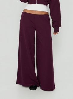 Featuring Kaeya Fleece Wide Leg Low Rise Pants in Plum womens-regular-pants front view of model wearing Princess Polly