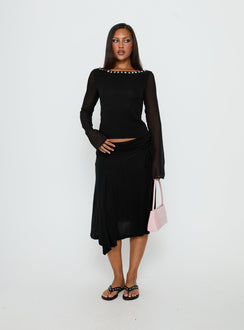   front view of model wearing Princess Polly Joaney Tie Side Jersey Midi Skirt Black Midi Skirts 