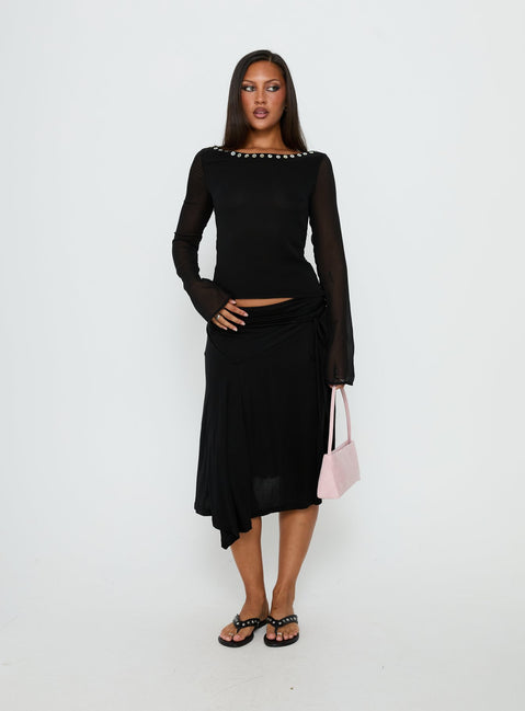   front view of model wearing Princess Polly Joaney Tie Side Jersey Midi Skirt Black Midi Skirts 