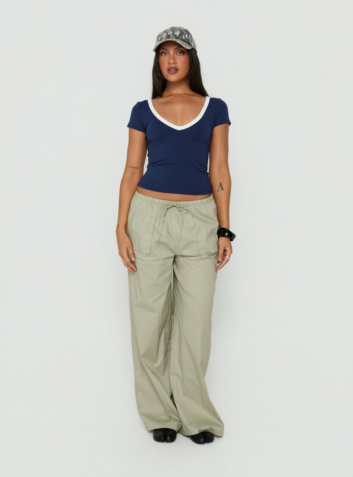 Featuring Toren Drawstring Straight Leg Pants Stone womens-regular-pants in mid-rise front view of model wearing Princess Polly