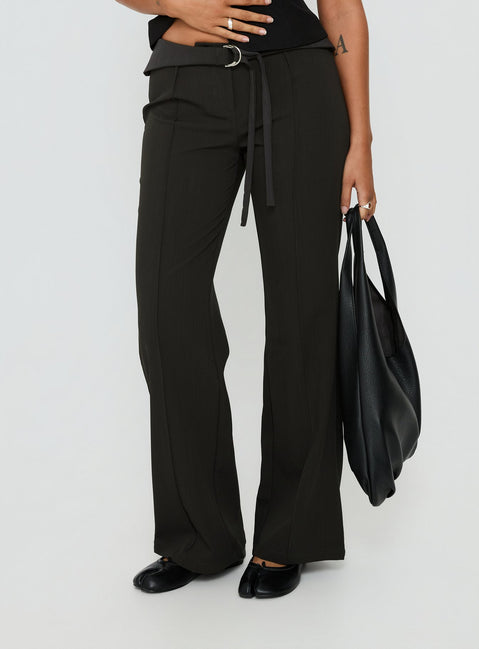 Featuring the Belvia Layered Mid Rise Pants Slate Grey womens-regular-pants with wide-leg silhouette and belt detail front view of model wearing Princess Polly