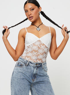 front view of model wearing Princess Polly Pennard Lace Bodysuit White Sleeveless 