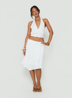 Featuring the Soft Focus Tie Waist Midi Skirt White womens-skirts in midi length with solid print and wrap detail side view of model wearing