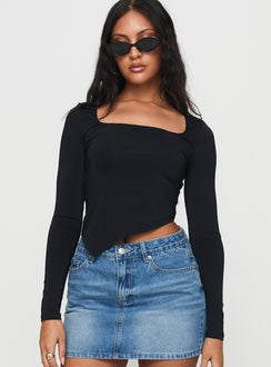 front view of model wearing Princess Polly Inca Long Sleeve Top Black Full Sleeves Square Neck 