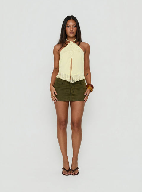 Junaya Arrowneck Fringe Detail Top Lemon