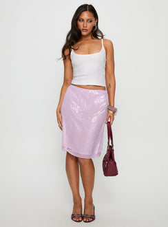 back view of model wearing Princess Polly Addisa Sequin Lace Midi Skirt Lilac Mini Skirts 
