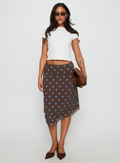   front view of model wearing Princess Polly Daphene Asymmetrical Midi Skirt Brown / Blue Polka Dot Midi Skirts 