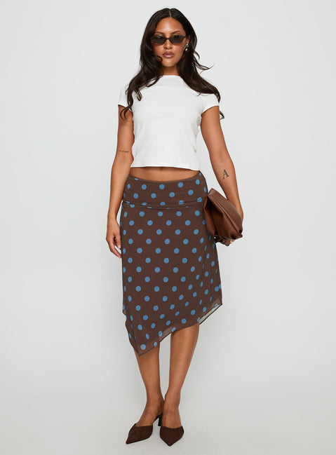   front view of model wearing Princess Polly Daphene Asymmetrical Midi Skirt Brown / Blue Polka Dot Midi Skirts 