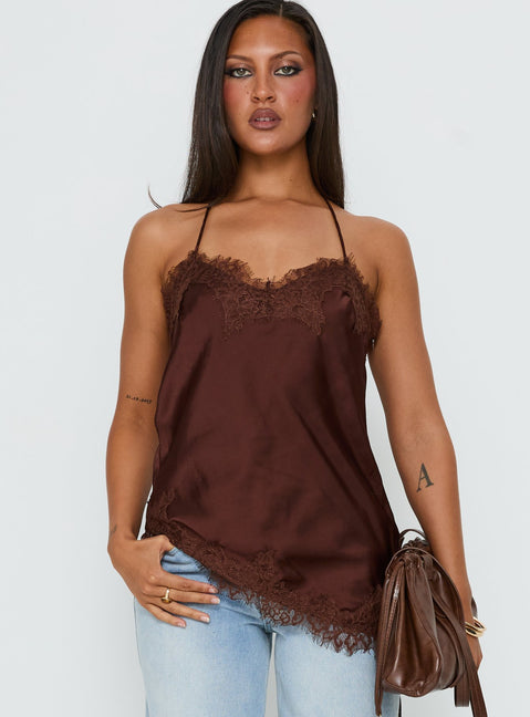 Cosetta Lace Trim Asymmetrical Cami Top Chocolate