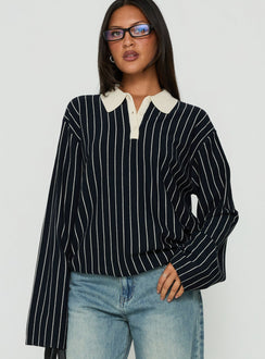 Featuring the Boarders V Neck Polo Jumper Navy Stripe womens-jumpers in short length with oversized fit front view of model wearing Princess Polly