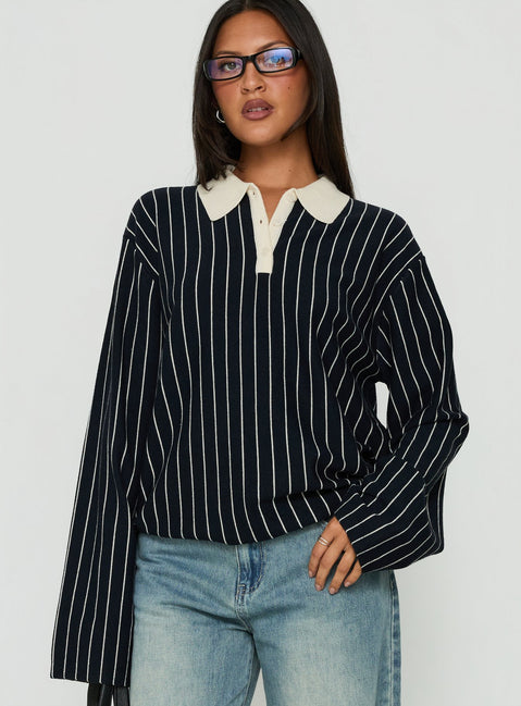 Featuring the Boarders V Neck Polo Jumper Navy Stripe womens-jumpers in short length with oversized fit front view of model wearing Princess Polly
