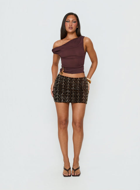   front view of model wearing Princess Polly Zaraya Sequin Mini Skirt Brown Mini Skirts 