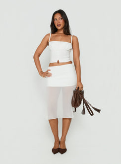 Discover the Camy Sheer Panelled Midi Skirt White womens-skirts in midi length detail Princess Polly