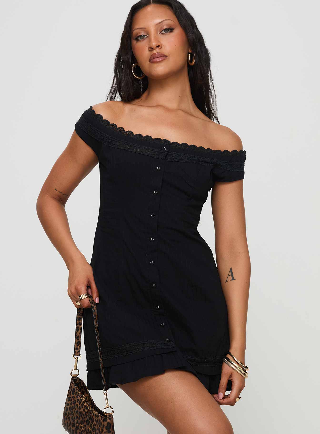 front view of model wearing Princess Polly Mirrorball Off The Shoulder Mini Dress Black Straight Neck 