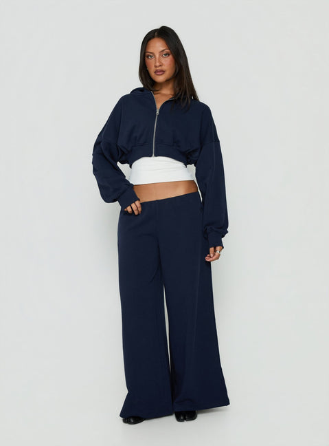Featuring the Lanna Fleece Zip Through Cropped Hoodie Navy womens-jumpers in short length detail view of model wearing Princess Polly