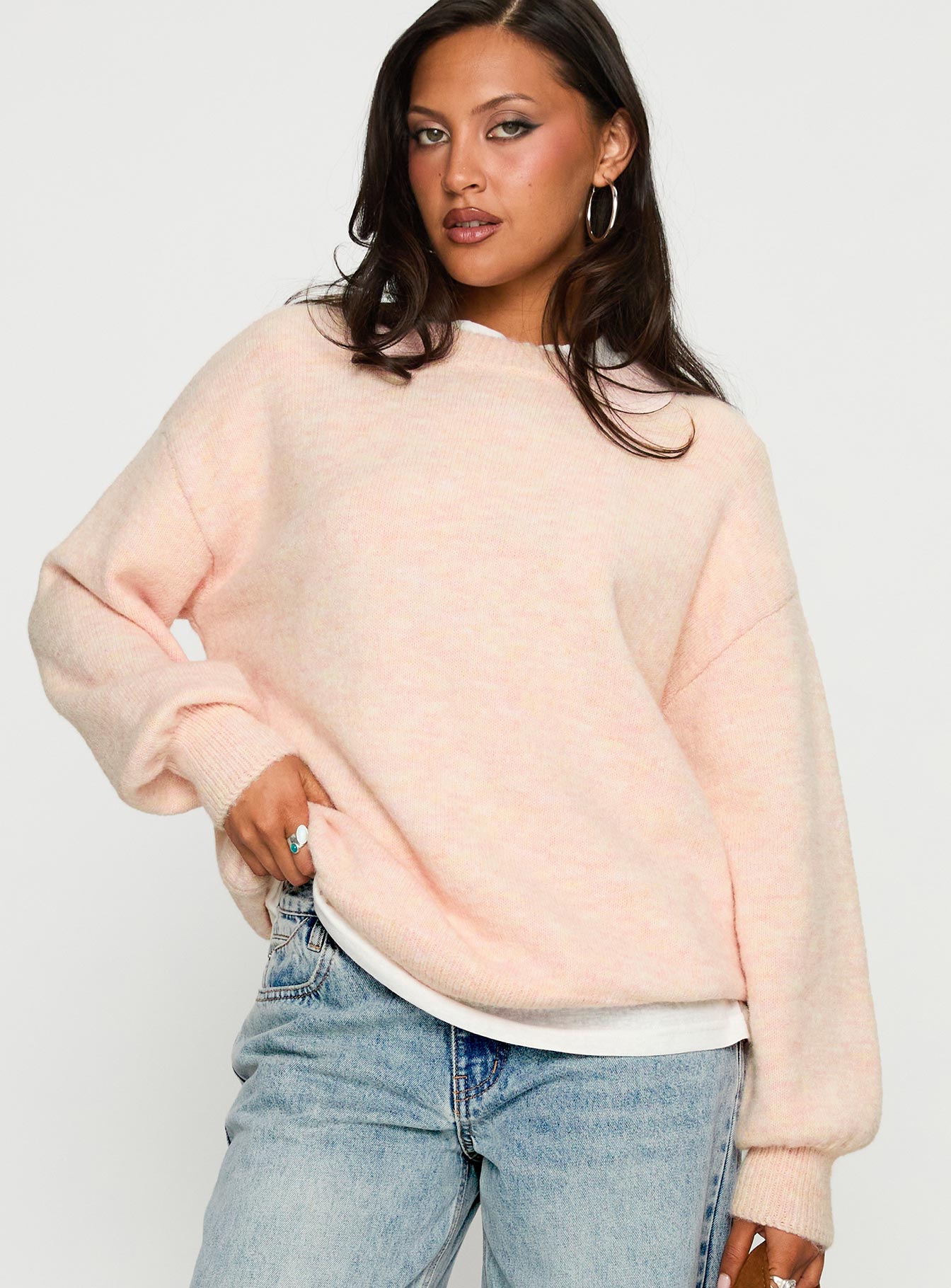 front view of model wearing Princess Polly Ryanna Sweater Pink 