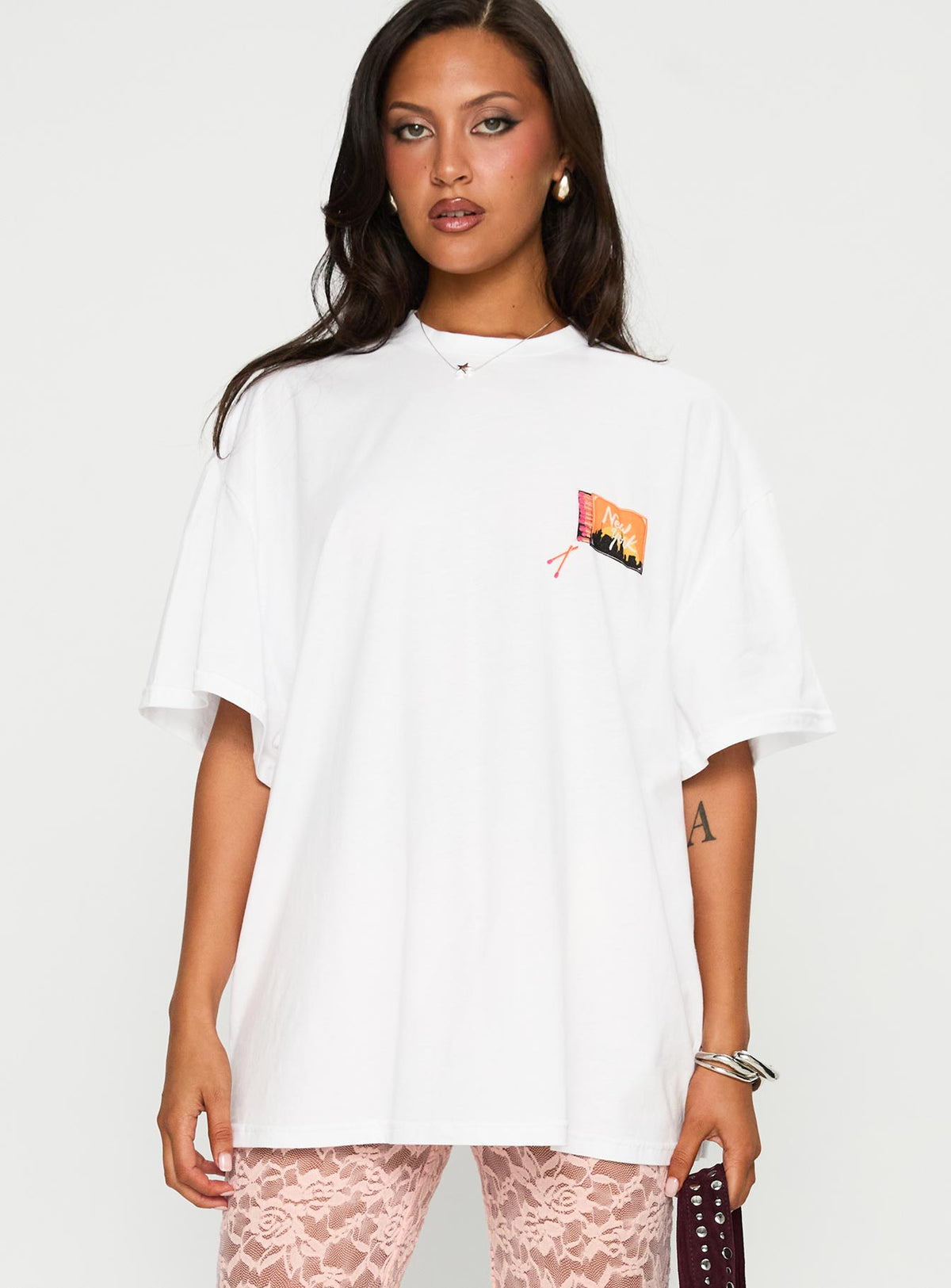 front view of model wearing Princess Polly Matchbox Collection Graphic Top White / Multi Half Sleeves Crew Neck 