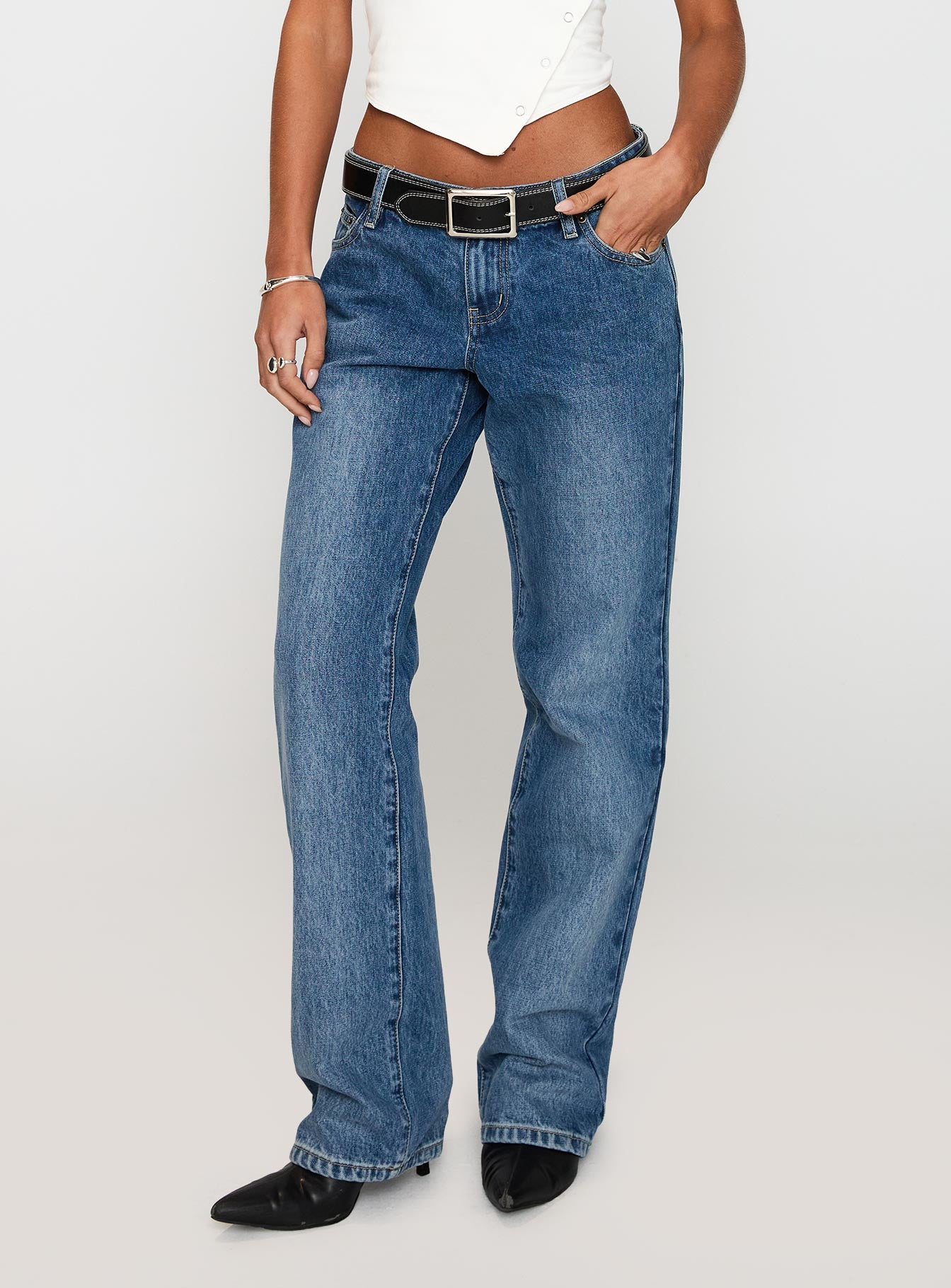 back view of model wearing Princess Polly Better Half Low Rise Jeans Horizon Blue Low Rise Jeans 