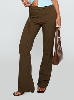 side view of model wearing Princess Polly Winika Pants Brown High Waisted Pants 