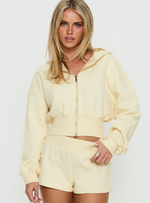 front view of model wearing Princess Polly Daytime Cropped Blouson Hoodie Buttercream Cropped Jumpers 