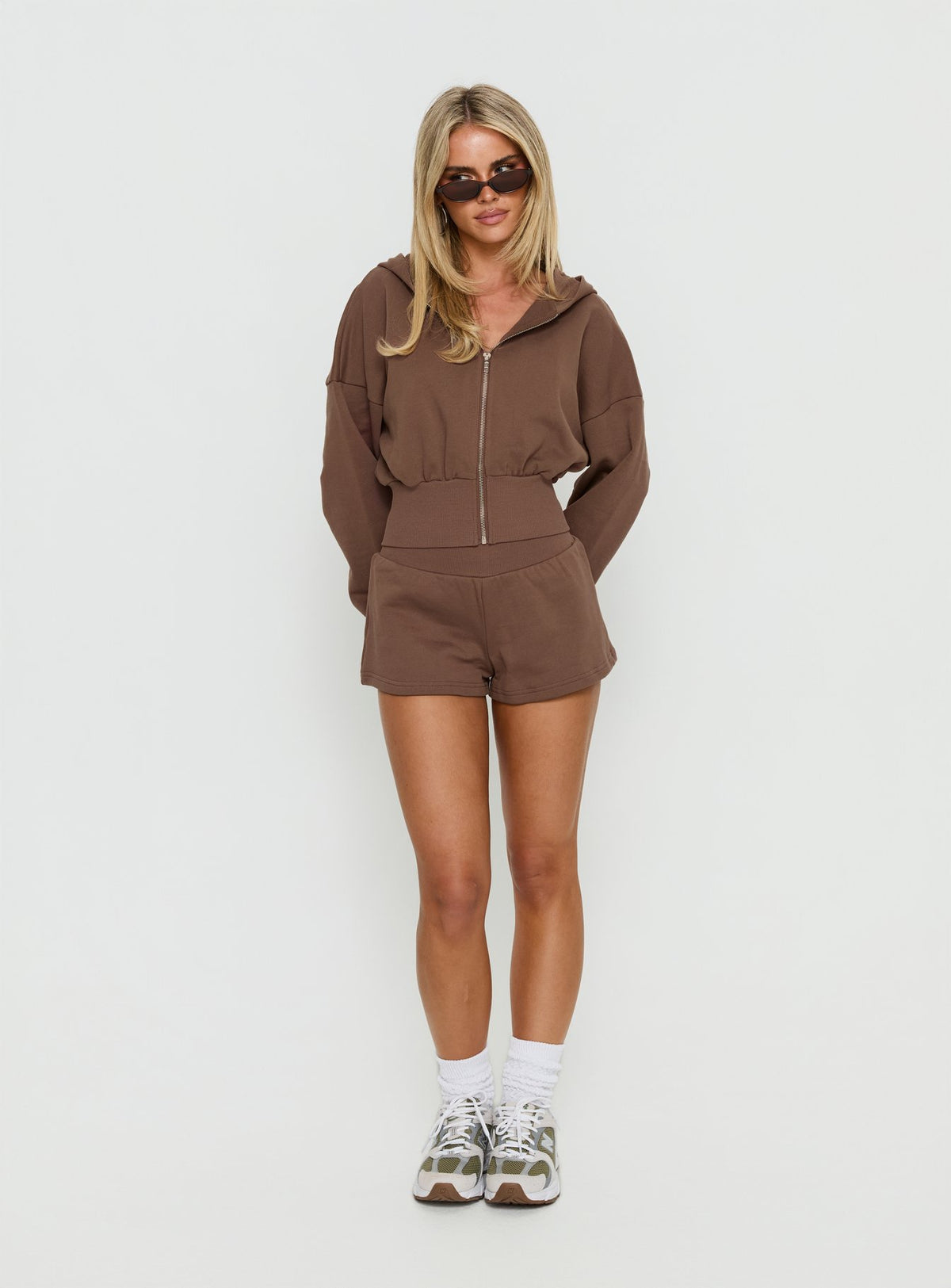 front view of model wearing Princess Polly Daytime Cropped Blouson Hoodie Cocoa 