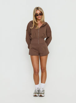 front view of model wearing Princess Polly Daytime Cropped Blouson Hoodie Cocoa 