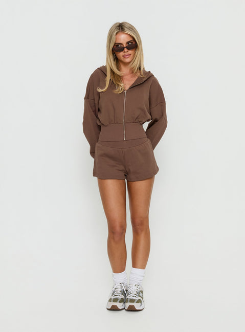 front view of model wearing Princess Polly Daytime Cropped Blouson Hoodie Cocoa 