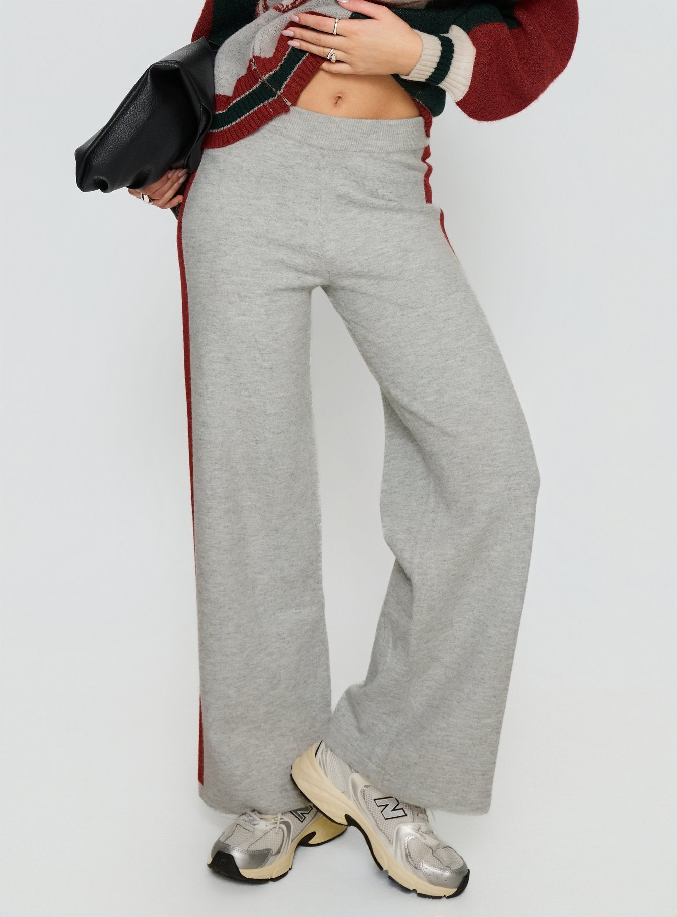 back view of model wearing Princess Polly Brandyce Straight Leg Knit Pants Grey / Red High Rise Pants Pants 