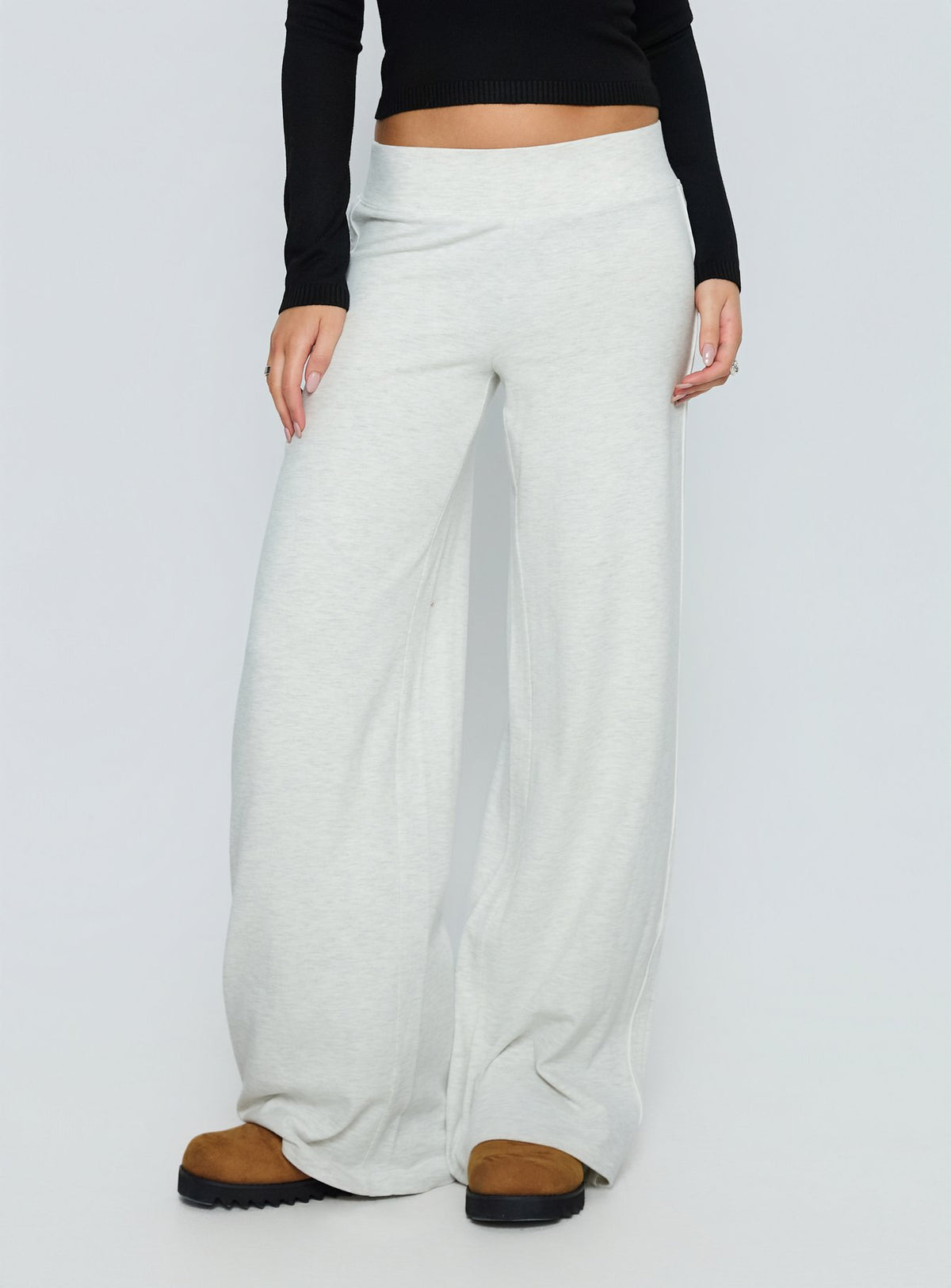 front view of model wearing Princess Polly Ascenda Straight Leg Track Pant Grey Marle Mid Rise Pants 