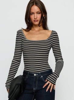 front view of model wearing Princess Polly Donica Square Neck Long Sleeve Bodysuit Grey Stripe Long Sleeve Tops 